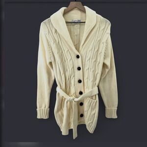 VTG Cableknit Belted Cardigan Patch Pocket Chunky Button Sz L Cottage Fisherman
